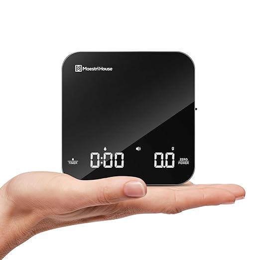 Maestri House S2 Espresso Coffee Scale with Timer 0.1g Precision Shot Scale | USB-C Rechargeable, Dual Timing Modes, 2kg/0.1g Digital Scale with Borosilicate Glass Top for Espresso and Pour-Over Brewing
