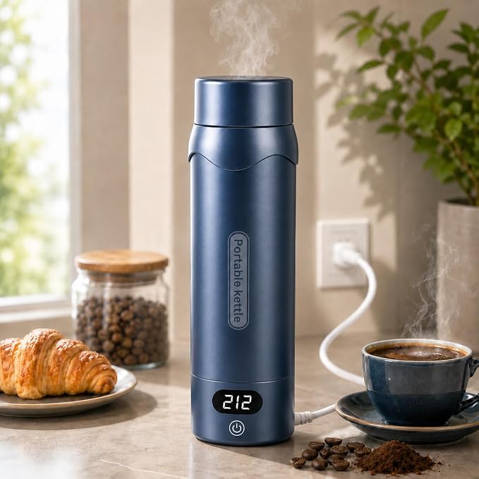 Travel Electric Kettle, Insulated Water Bottle with 4 Temp, Dark Blue | 316 Stainless Steel Liner, 400ml, Auto Shut-Off & Leak-proof, Mini Travel Essentials Portable Office Gifts for Tea Lovers
