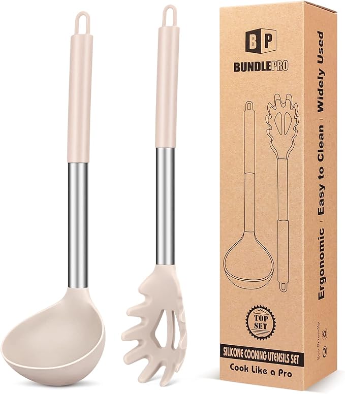 BUNDLEPRO Silicone Pasta Fork and Ladle Spoon Set, 2 Pack, Khaki | Large Non Stick, High Heat Resistant Kitchen Utensils for Cooking,Stirring,Serving Spaghetti, Soup, Sauce