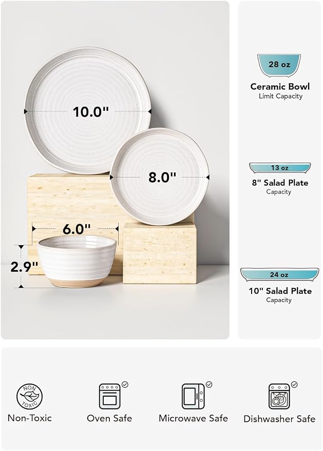 LE TAUCI Ceramic Dinnerware Sets for 4, 12 Piece Plates and Bowls Sets, Chip Resistant Kitchen Dish Set, Microwave & Dishwasher Safe, Arctic White (8"&10" Plate, 28oz Bowl)
