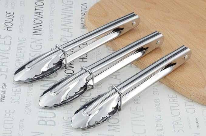 HINMAY Mini Stainless Steel Food Tongs with Silding Rings 7-Inch, Set of 6 | Small Clam Shell Service Tongs for Serving Appetizers, Desserts, Salads, Barbecue and Cooking (Silver)