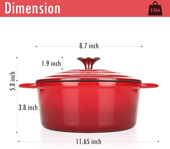 Cast Iron Dutch Oven,3 QT Dutch Oven Pot with lid Heavy Duty Dutch Ovens Enameled Cast Iron Pot Dual Handles Cookware for Baking Bread,Braiser,Soup,Meat, Ideal for Family, Cerise