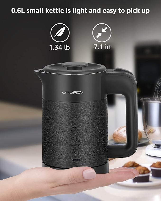 WTJMOV 0.6L Small Electric Tea Kettle Lightweight, 20 Ounce Double Wall Hot Water Boiler Stainless Steel Auto Shut-off, 120V Portable Travel Electric Kettle Fast Boil for Tea and Coffee, Black