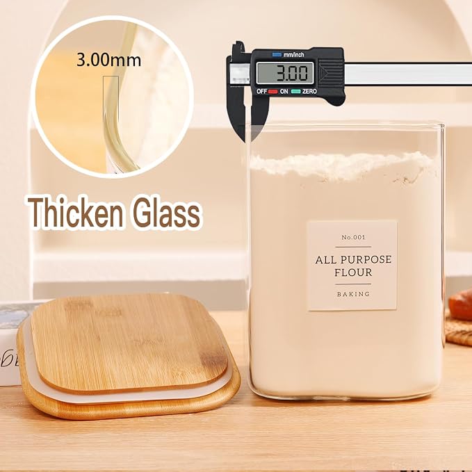 2 Pack large Square Glass Flour and Sugar Containers with 132 Kitchen Pantry Labels - 110 floz & 51 floz - Glass Jars with Airtight Bamboo Lid - Glass Rice Canisters for Coffee, Pasta, Cookie, Cereal