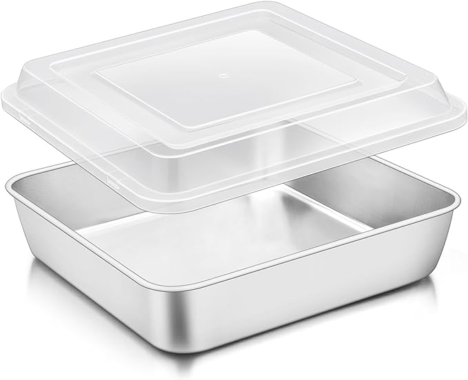 TeamFar 9 x 9 Baking Pan, Square Cake Pan with Lid - 1 Pan + 1 Lid | Stainless Steel for Baking Cooking Brownie Lasagna, Portable for Home Outdoor Camping, Non-Toxic & Dishwasher Safe