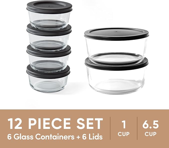 12-Piece Glass Food Storage Containers Set (6 Containers + 6 BPA-Free Lids) | 1-Cup & 6.5-Cup, Leakproof | Microwave, Freezer, Oven & Dishwasher Safe | Ideal for Meal Prep & Pantry Organization, Black