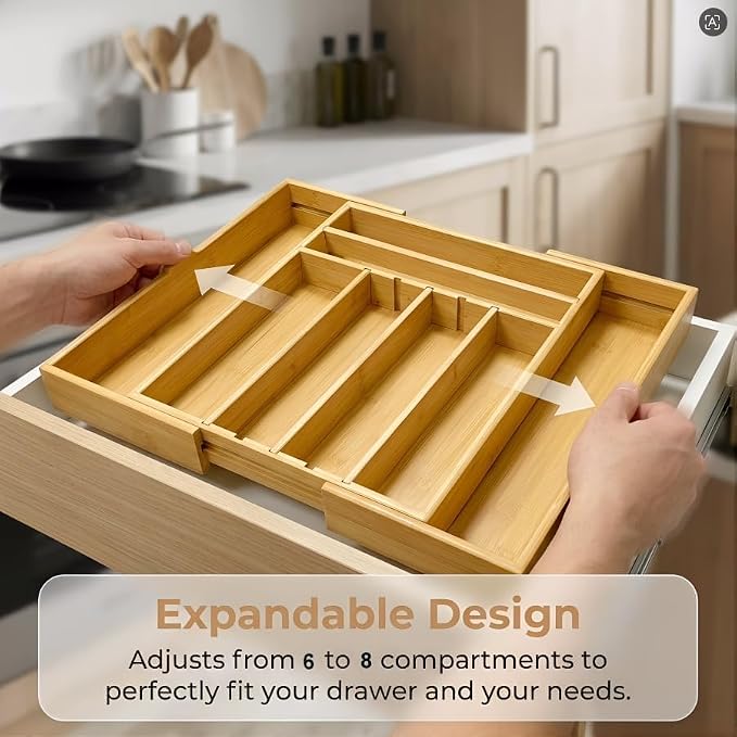 Bamboo Kitchen Silverware Drawer Organizer (DIY Slot, Natural) | Natural bamboo, Expandable 12.6"-20.3", 4 Removable dividers, 52 DIY layouts, Food safe, Bonus towel, No bending, no warping