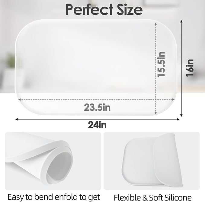 Silicone Coffee Maker Mat with Lip for Countertops, 24'' x 16'' Translucent | Multi leak-proof coffee tray for countertop, non-slip silicone mat fits most coffee makers & espresso machines, wipe-clean