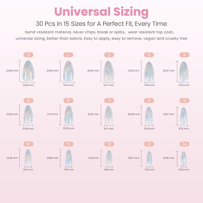 Nail Reformation Press On Nails, Marble Dream | Pastel Medium Almond 30 Pcs | 15 Sizes Fake Nails in Blue Pink White with Glossy Finish, Reusable Stick On Nails, False Nail Kit with Glue, Gifts for Women