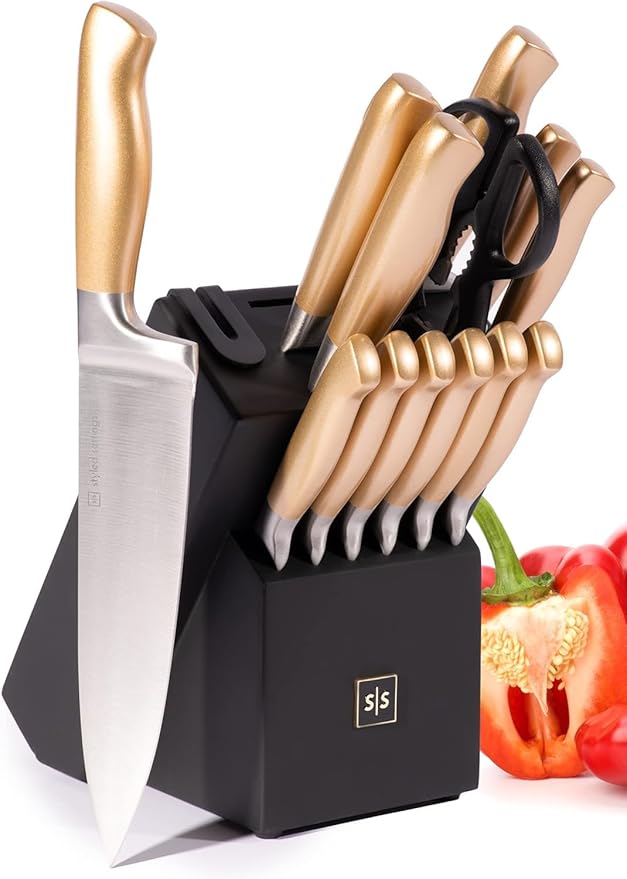 Black and Gold Knife Set for Kitchen with Block – 14-Piece Ultra-Sharp Stainless Steel Knives with Gold Handles and Built-In Sharpener – Stylish Kitchen Accessories for Cooking and Decor | Ultra-Sharp Stainless Steel Knives with Gold Handles & Built-In...