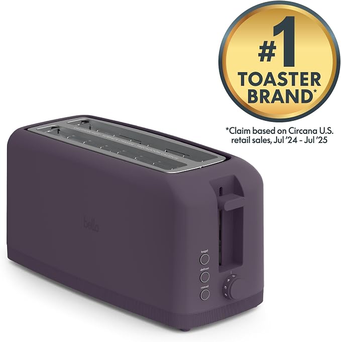 bella Fits-Anywhere™ Slim Toaster, 4 Slice Extra Long & Wide Slot, Plum