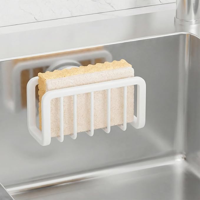 TAILI Rustproof Sponge Holder for Kitchen Sink with Suction Cup-White | Rustproof Aluminum Sink Caddy for Sponges, Brushes, Stoppers & Scrapers,Removable Ventilated Quick-dry Design, Holds Up 11lbs