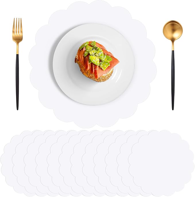 60 Pcs White Paper Placemats, 13.5 Inch Disposable Scalloped Placemat | Disposable Table Place Mats Decorative Paper for Birthday Wedding Bridal Shower Holiday Party