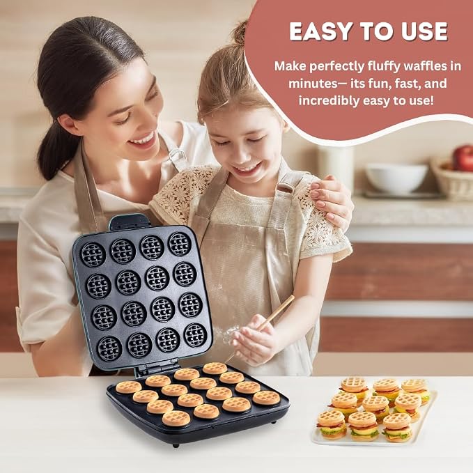 16 PCS Mini Waffle Maker Machine, Nonstick Waffles Iron Quick Heat-Up Surface, Simple & Easy Tiny Chaffle Baker for Home & Restaurants, Small Bites for Kids, Perfect for Breakfast, Desserts & Snacks