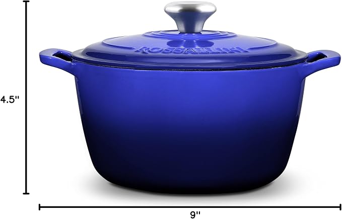 Signature Enameled Cast Iron Dutch Oven, Non-Stick Serving Pot with Tight Fitting Lid for Perfect Roasting, Baking, Sauteing, and Bread Making | 4.5Q (4.2L) - Indigo Blue