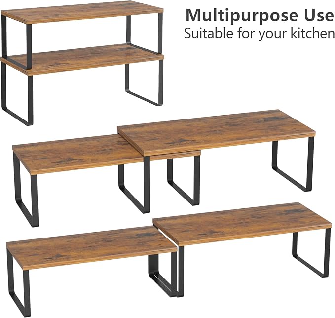 NEX Cabinet Organizer Shelf, Kitchen Counter Shelves Set of 4 | Stackable & Expandable Spice Rack, Space-Saving Pantry Organizers Bathroom Countertop Storage, Black and Rustic Brown