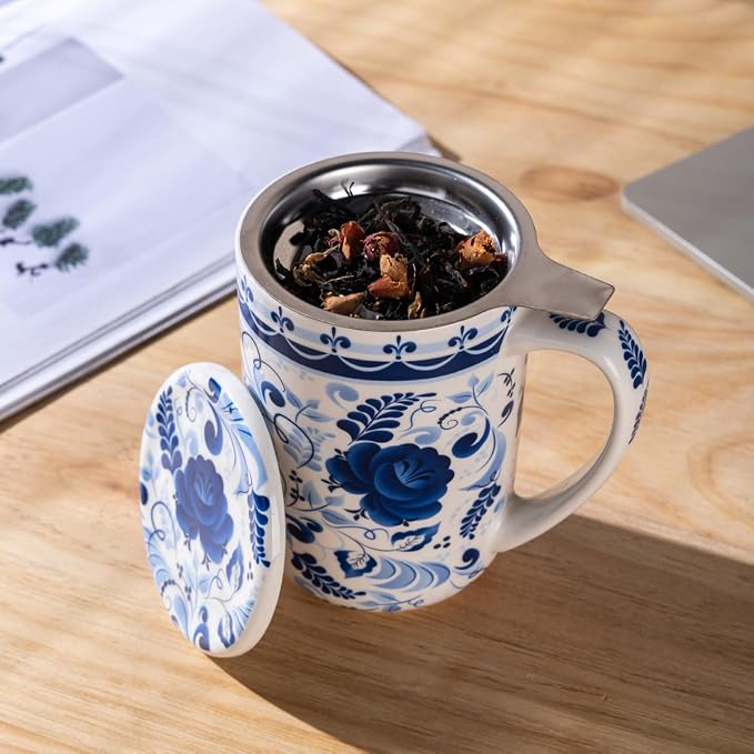 GBhome Tea Mug with Infuser and Lid,18 Ounce Ceramic Loose Leaf Cup Steeper | Lead-Free Glaze For Tea Lovers,Microwave & Dishwasher Safe with Tea Strainer