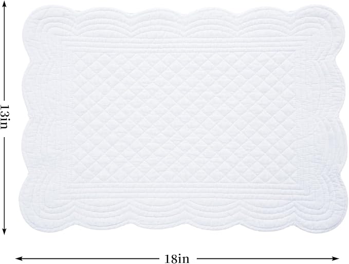 HOMBYS Quilted Placemats Set of 6 Washable-13x18 inches Rectangular Placemats for Kitchen Table-100% Cotton Fabric Rectangular Table Mats, (Pure White)