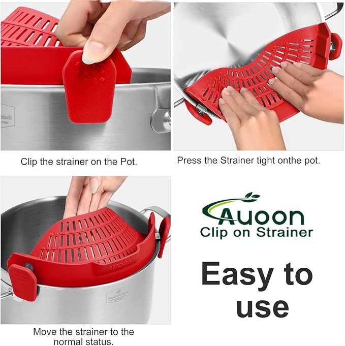 AUOON Pot Strainer Clip on Silicone, Large 10.45 x 4.33 in, Red | Fits Pots Pans Bowls, Dishwasher Safe, for Pasta Noodles Vegetable Fruits, Space-saving Kitchen Gadget