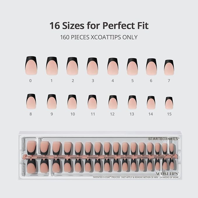 BTArtboxnails XCOATTIPS Black French Tip Press On Nails, S Coffin, Peach | Lamp-Curable, 4-Week Wear, Natural Nail Look, Salon Quality Value at Home, Easy-to-Apply for Beginners, 160ct Nail Tips Only
