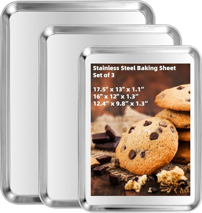 Baking Sheet Set of 3, Stainless Steel Baking Pans, 12/16/17.5 Inch | Heavy-Duty Cookie Sheets Cooking Trays for Oven, 3 Different Sizes