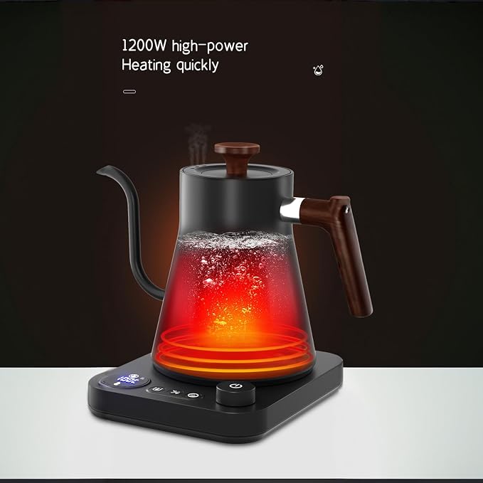 Gooseneck Electric Kettle, Black, 0.9L | ±1℉ Temperature Control, 304 Stainless Steel, Ultra-Quiet, Auto Boil Detection, 8 Safety Protections & Memory Function