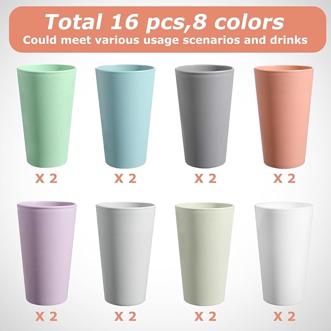 HEYCOME Set of 16 Wheat Straw Cups, 16 Pcs 20 oz Unbreakable Drinking Cups, Reusable Plastic Cups Sets, Water Glasses Tumblers, Microwave & Dishwasher Safe, Bpa Free, 8 Colors