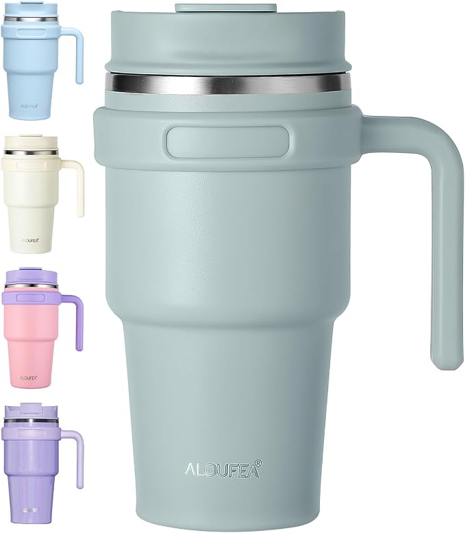 20 oz Insulated Travel Coffee Mug Tumbler with Handle and Straw | Leakproof Stainless Steel Coffee Cup with Lid, Double Wall Vacuum Ice Thermal Cup, Sage