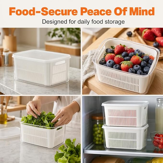 Kruggo Fruit Storage Container For Fruit Kitchen Storage (A, S+M+L) | Removable Colander Produce Storage Containers for Fridge Organizer