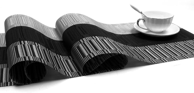 SHACOS Table Runners Woven Vinyl PVC Table Runners 12 x 90 inch Wipeable Heat Resistant Runner for Tables Countertop Indoor Outdoor, Bamboo Ombre Black and Gray