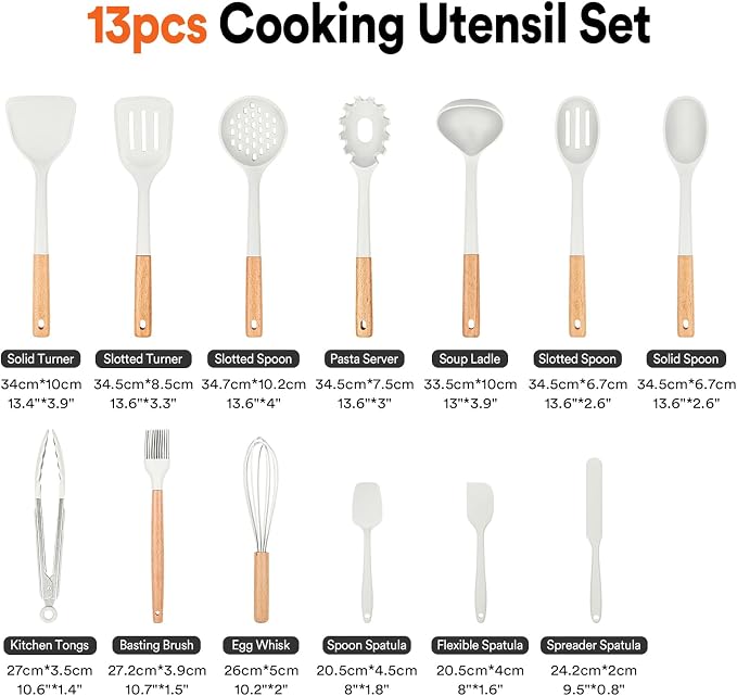 13PCS Silicone Kitchen Utensils Set for Nonstick Cookware, White | Food Grade, Heat Resistant Kitchen Utensil Spatula Set, Wooden Handles Kitchen Gadgets Tools Set