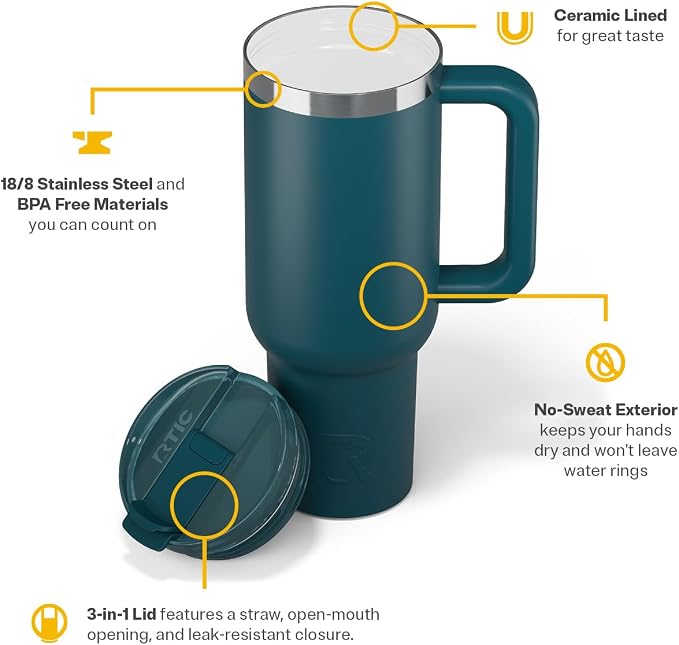 RTIC 40oz Road Trip Tumbler, Insulated, Ceramic Lined, Marine | with Lid, Handle and Straw, Stainless Steel Metal Cup, Portable for Hot and Cold Drinks, Coffee, Car, Camping, Travel