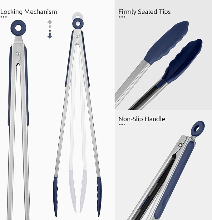 U-Taste Kitchen Tong for Cooking, 600ºF Heat-Resistant, 16in/Midnight Blue | Extra Long BBQ Tongs, Large Tong for Grilling/Grabbing, Big Thong with Nonstick Silicone Tps & 18/8 Stainless Steel Handle