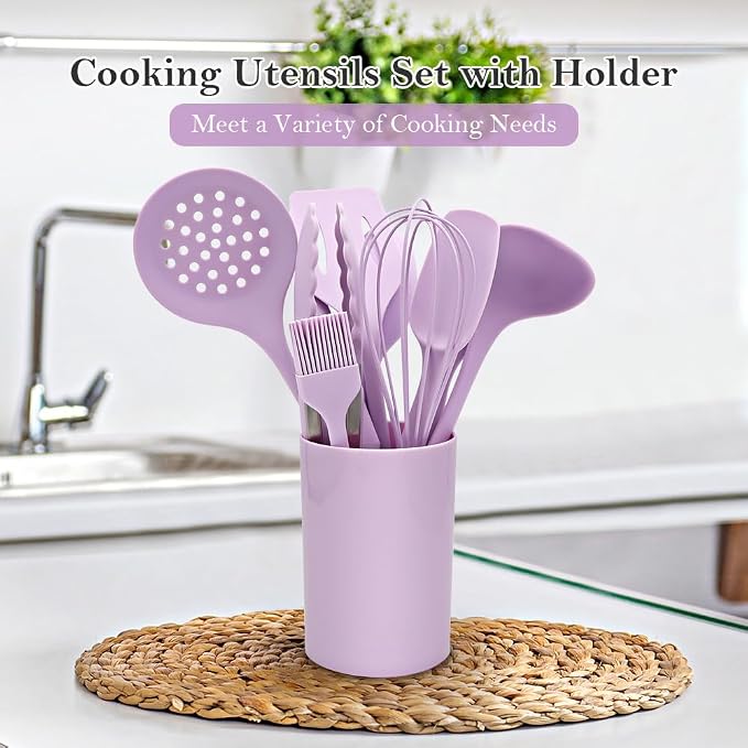 RANX INGST Kitchen Cooking Nonstick Silicone Utensils Set 11 pcs - Purple | Spatula Set with Holder, 446°F Heat Resistant, Ergonomic Handle, BPA Free