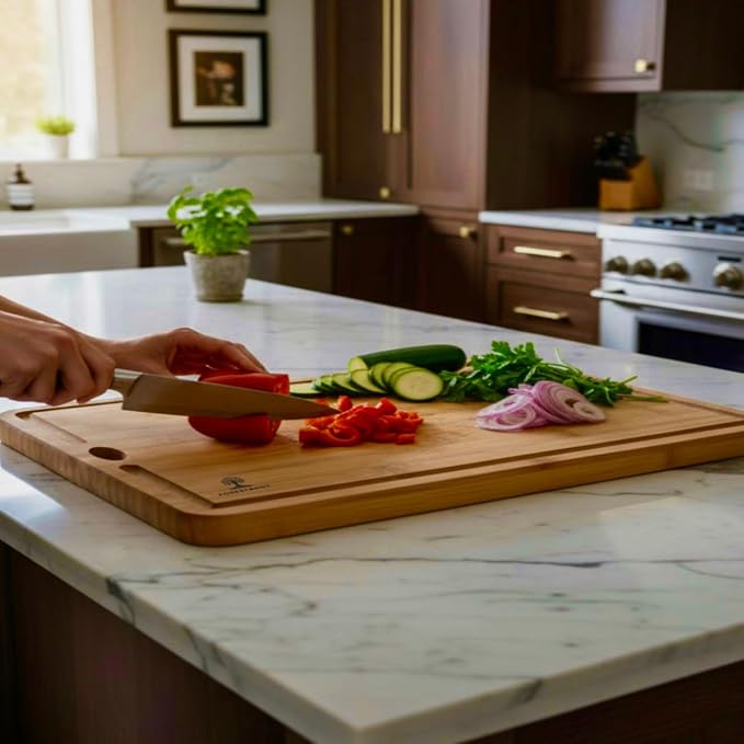 Bamboo Cutting Board Set for Kitchen, 3-Piece Reversible Carbonized Bamboo Chopping Boards with Juice Grooves & Hanging Holes, Butcher Block Board Set for Meat, Vegetables, Fruits & Cheese