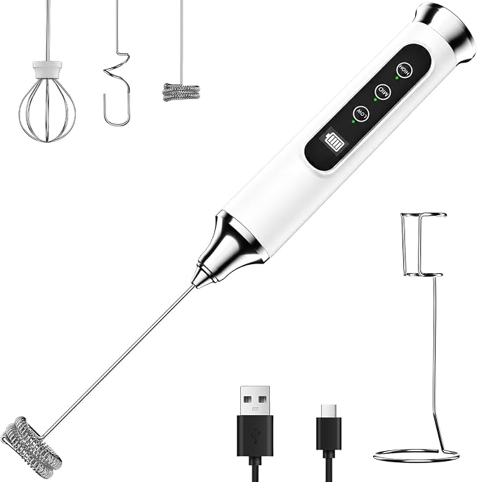 YUSWKO Milk Frother Wand for Coffee with Stand, Coffee Frother Handheld | Rechargeable Drink Mixer Wand, Waterproof Electric Whisk for Protein Powder, Lattes, 3 Variable Speeds 3 Whisks, White