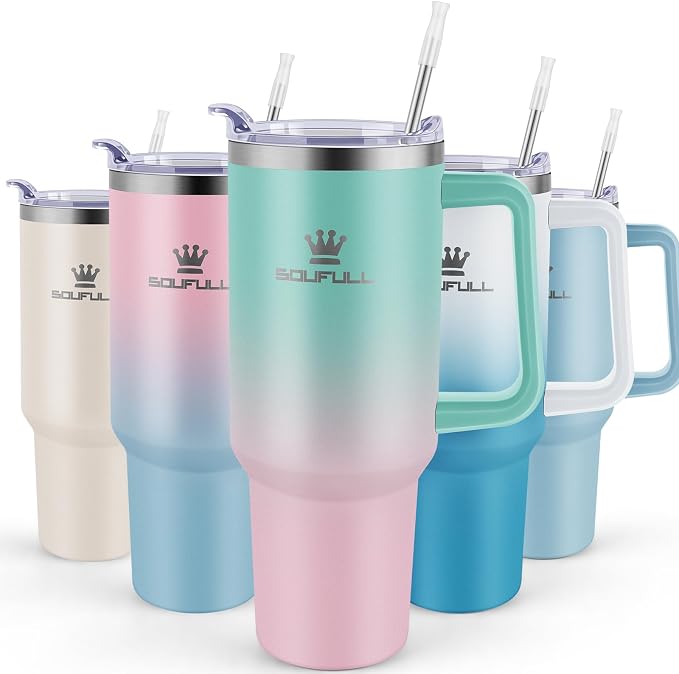 Soufull 40 oz Tumbler with Handle and Straw Lid, 100% Leak-proof, GreenPink | Stainless Steel Insulated Travel Coffee Cup, Keeps Cold 34Hrs or Hot 10Hrs, Dishwasher Safe