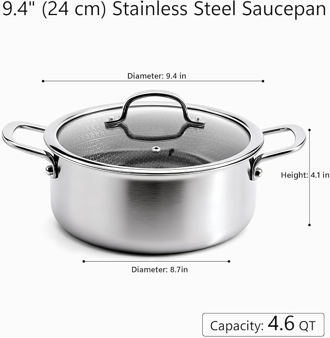 4.6 Qt Stainless Steel Stock Pot with Lid, 3-Ply 18/10 Hybrid Honeycomb Nonstick Soup Pot, 9.4 Inch Induction Pasta Pot for Simmering, Boiling & Stewing