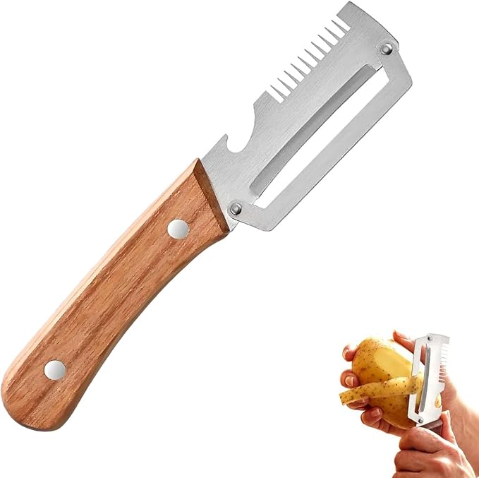 Multi-Functional Vegetable Peeler, 3 in 1 Multi Functional Wooden Handle Peeler and Bottle Opener, Kitchen Gadgets Tool for Fruit Pumpkin Peeling Potato Carrot Veggie Peeler
