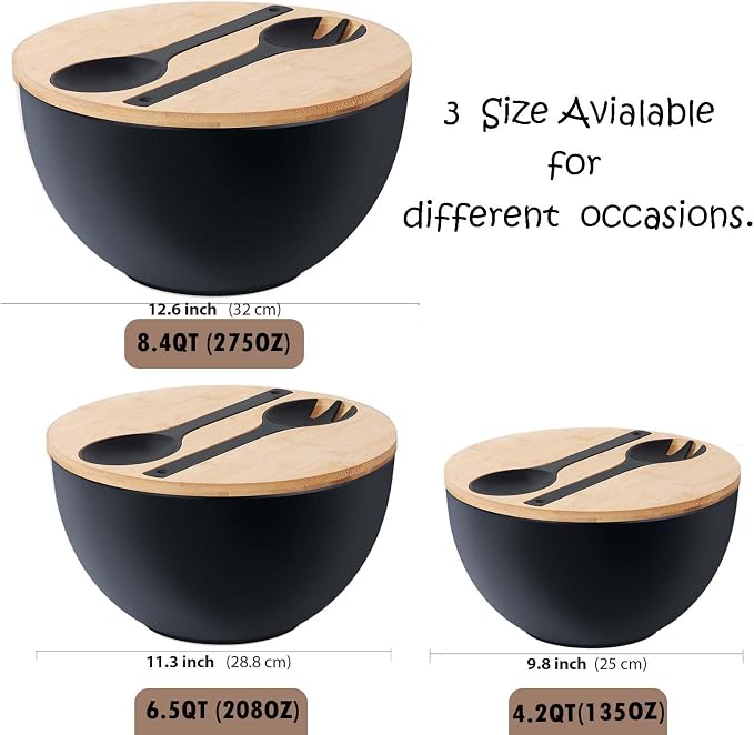 10" Large Salad Serving Bowl with Utensils in Lid, Bamboo Fiber Salad Bowl with Lid, Mixing Bowl with Servers set for Pasta,Fruit,Veggies,Popcorn to Replace Wooden Bowls - Matte Black