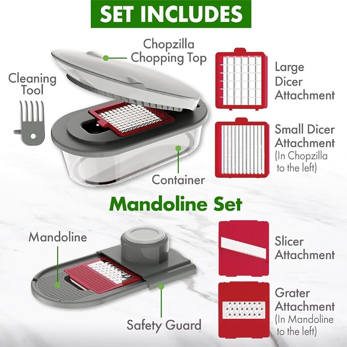 Vegetable Chopper and Mandoline Slicer with Container, CHOPZILLA 4 Stainless Steel Blades, BPA-Free Onion Chopper, Vegetable Cutter, French Fry Cutter, Dishwasher Safe Fruit Potato Dicer, Pink