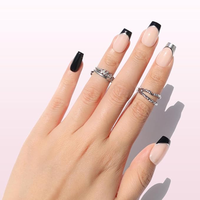 Nail Reformation Press On Nails, Smoky Mirror | Short Coffin Fake Nails | Nude Base & Black Chrome French Tips, Reusable Stick On Nails Kit - 32 Pcs in 16 Sizes with Glue, Manicure Gifts for Women