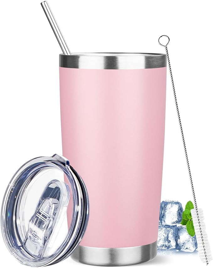 20 oz Tumbler with Lids and Straws, Stainless Steel Insulated Travel Coffee Mug, Double Wall Vacuum Insulated Tumblers, Powder Coated Coffee Tumbler for Cold & Hot Drinks (Pink)