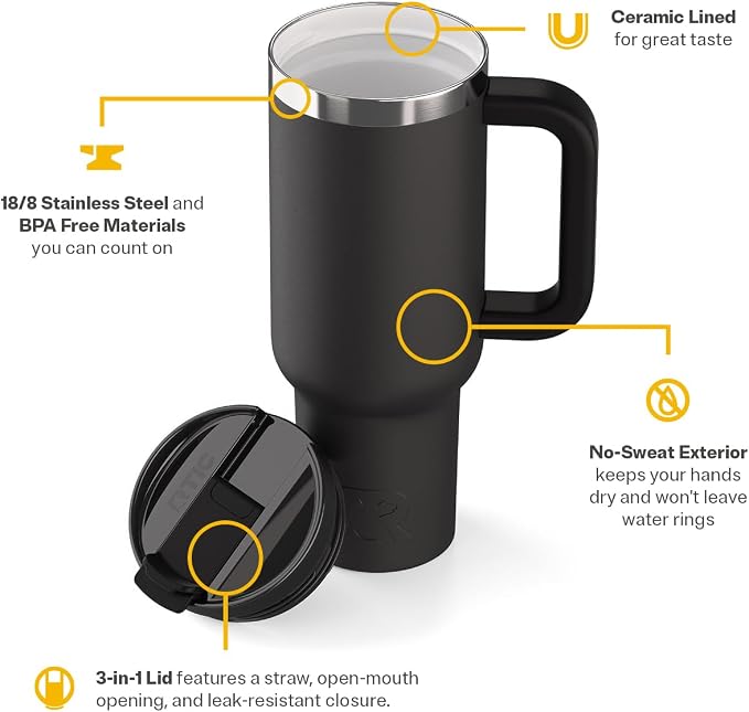 RTIC 40oz Road Trip Tumbler, Insulated, Ceramic Lined, Black | with Lid, Handle and Straw, Stainless Steel Metal Cup, Portable for Hot and Cold Drinks, Coffee, Car, Camping, Travel