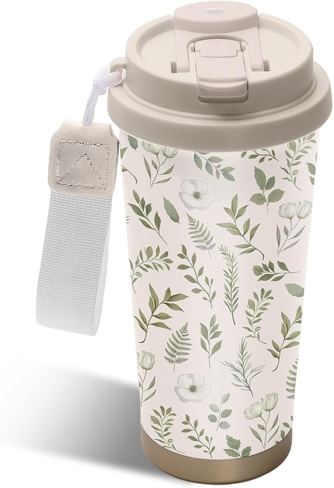 Plant Print Stainless Steel 2-in-1 Lid Coffee Tumbler 18 oz Garden Floral Insulated Travel Coffee Mug Plant Lovers Water Bottle for Women Men