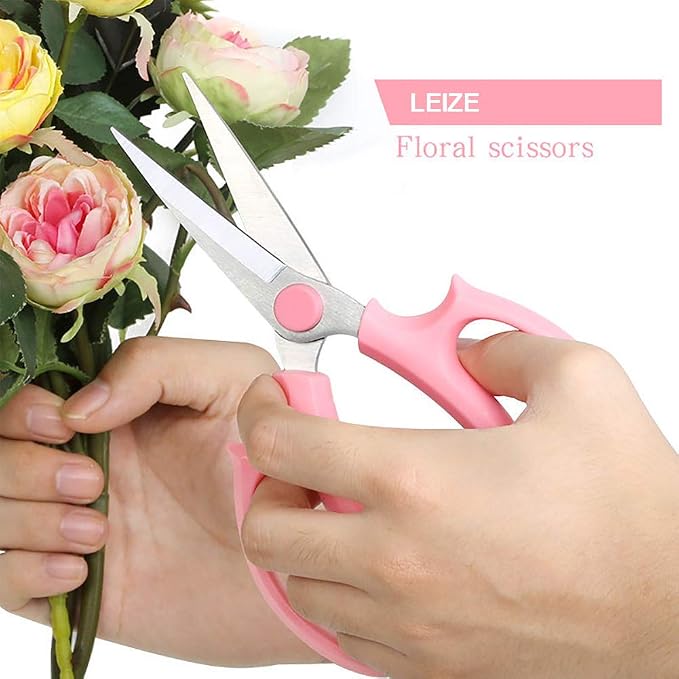 Leize Flower Scissors, Premium Thickened Stainless Steel Floral Shears, Strong Pruner for Flowers, Branches and Leaves (Pink Slender 2pics)
