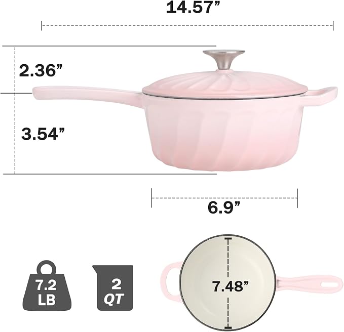 Enameled Cast Iron Sauce Pan with Lid, 2 Quart Saucepan with Lid | Dutch Oven with Lid, Small Cast Iron Pot for Cooking Pasta, Soup, Milk, Induction & Oven Safe Up to 500°F, Pink