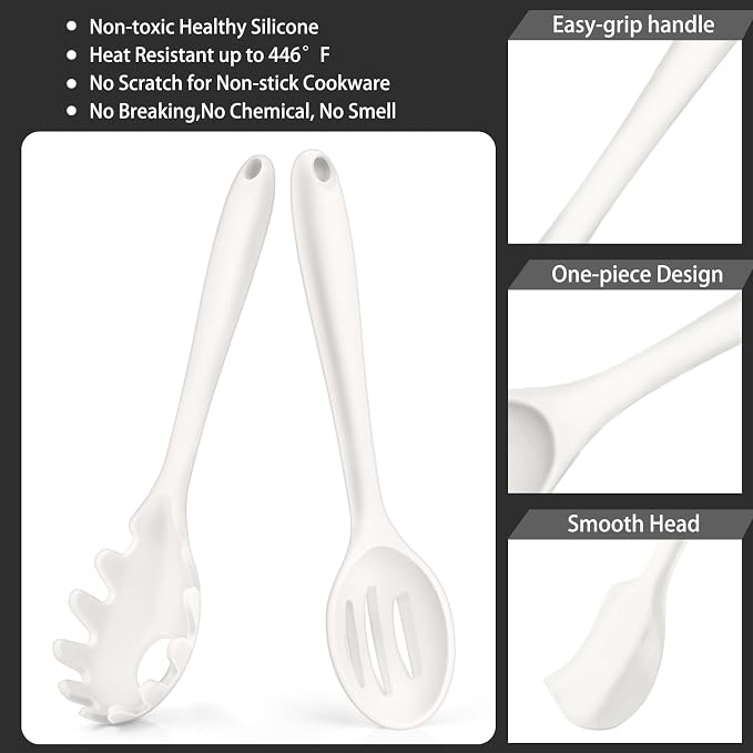 P&P CHEF White Kitchen Utensils, Silicone Cooking Utensil Set of 7 | Soft Spatula for Nonstick Cookware, Slotted Turner, Soup Ladle, Pasta Server, Spoon for Cooking, Dishwasher Safe & Heat Proof