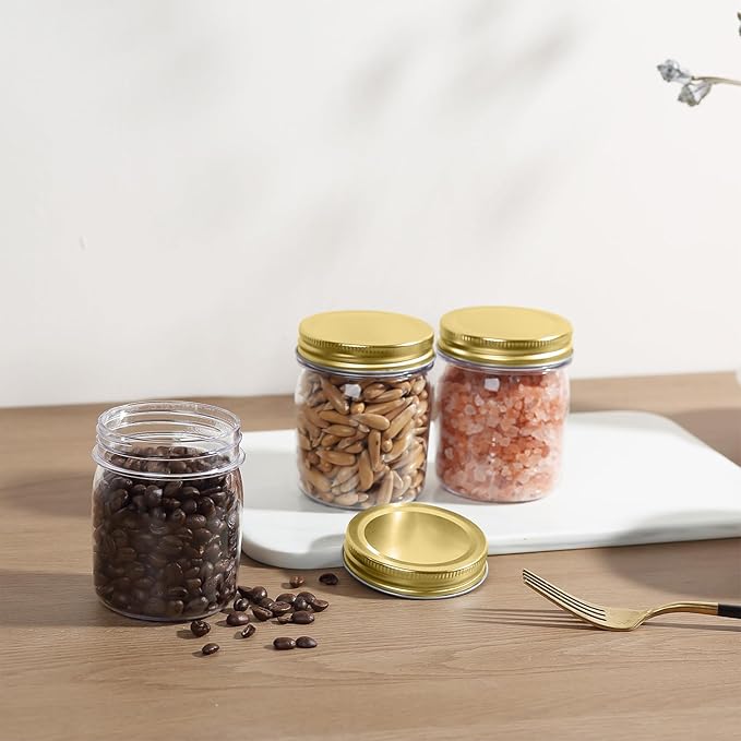 novelinks 8 oz Plastic Mason Jars and Clear Plastic Jars with Lids 8 oz | 24 Pack, Gold, Plastic Containers with Lids, Small Mason Jars, Clear Jars Bulk, Spice Jars, Slime Jars, Mini Jars