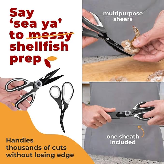 Titanium Coated Kitchen Scissors 2-Piece Set - Lifetime Replace. Warranty* | Gidli Heavy Duty Sharp Kitchen Shears for Meat, Poultry, Herbs and Food Prep Includes 7" Seafood Scissors with Ergonomic Grip